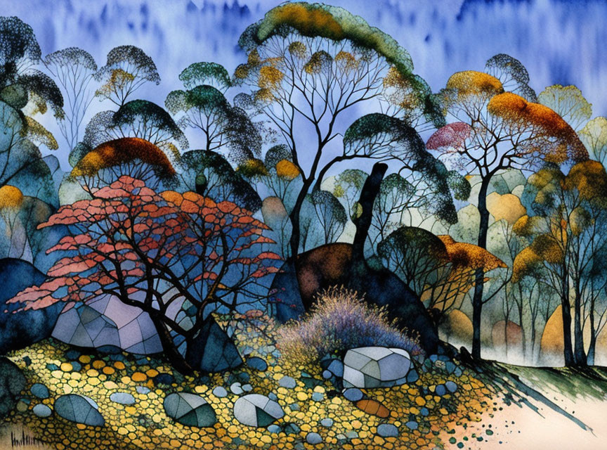 Colorful forest painting with rounded trees and textured ground in blue and yellow.