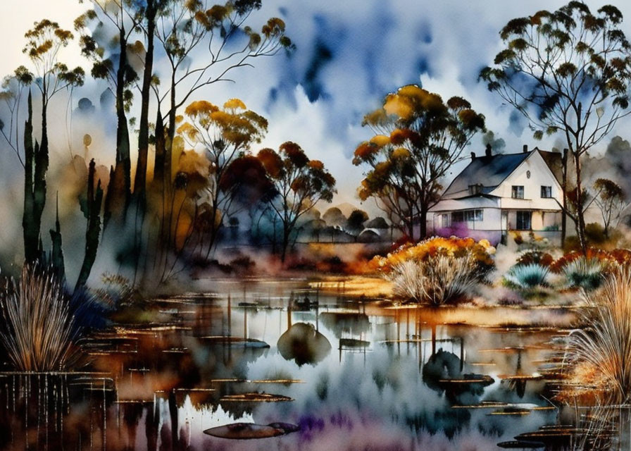 Tranquil watercolor landscape of misty forest with cozy house by pond