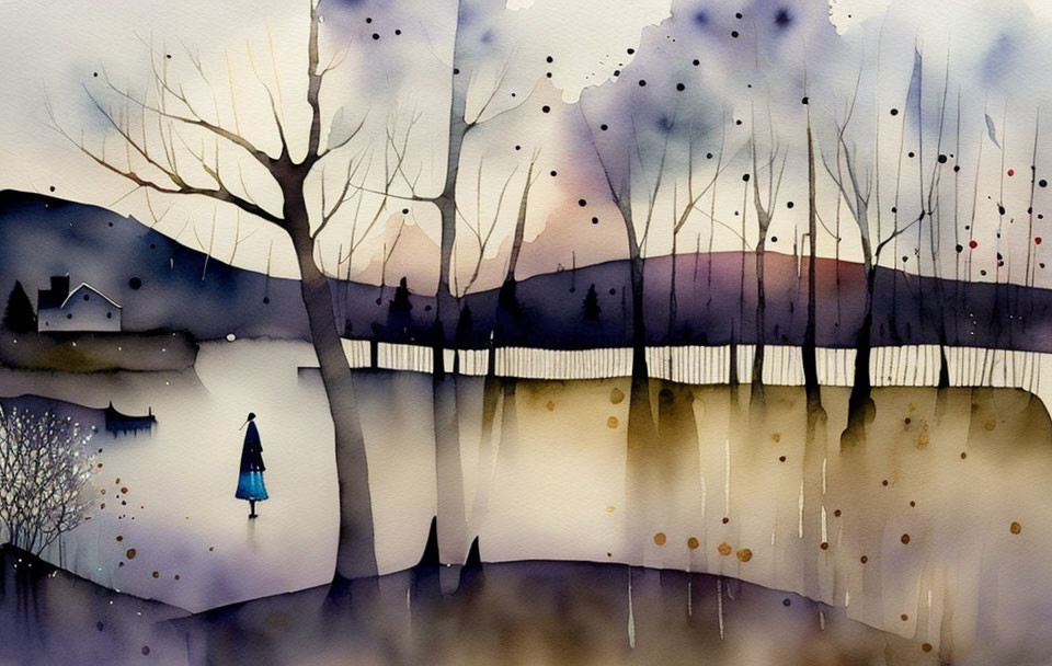 Serene watercolor dusk landscape with trees, lake, figure, and houses