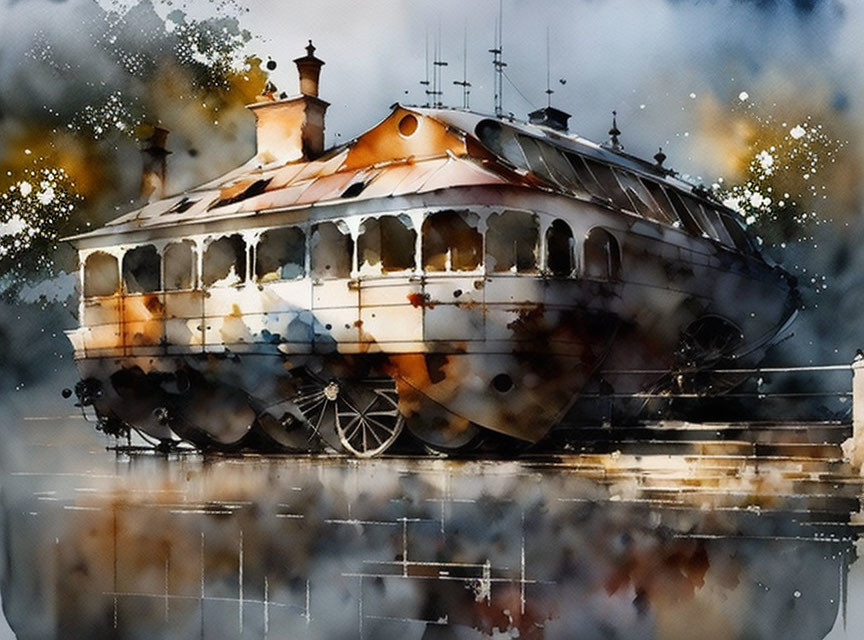 Watercolor painting: Old rusting boat reflected on still water amidst autumnal colors.