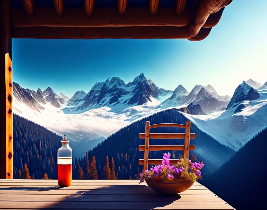 Serene mountain view with red bottle and purple flowers on wooden deck