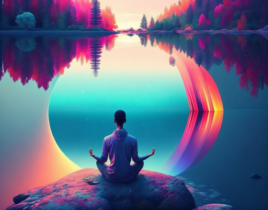 Meditation scene by serene lake with vibrant sunset reflection