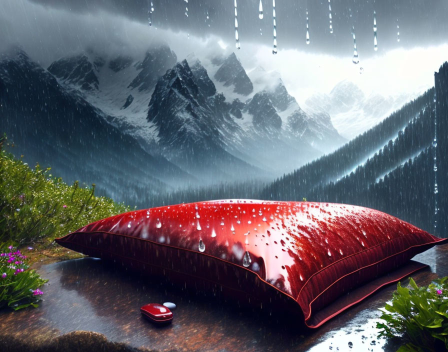 Red Pillow with Water Droplets and Heart Object in Snowy Mountain Scene