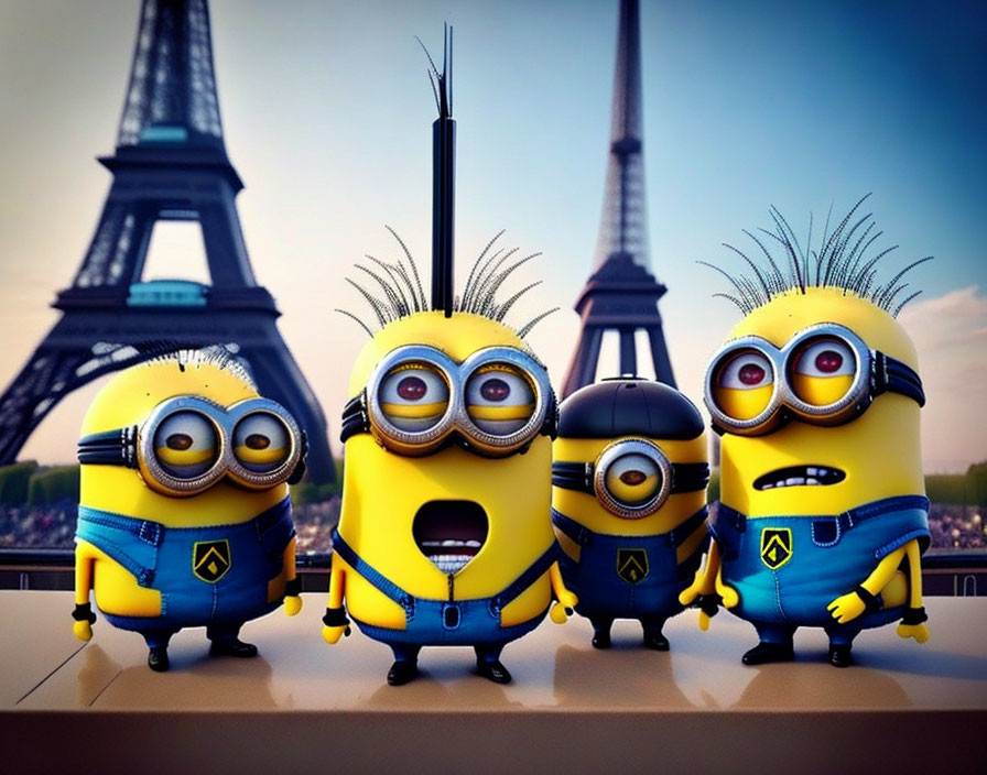 Four Minions with goggles in front of Eiffel Tower at dusk