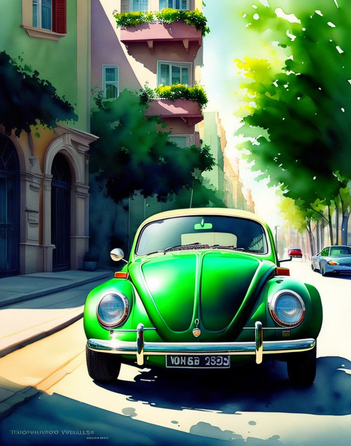 Vintage green Volkswagen Beetle in sunny urban setting.