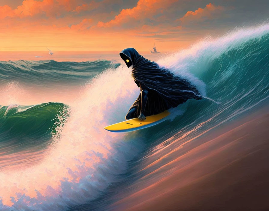 Person in black cloak surfing wave at sunset with orange sky and seagulls.