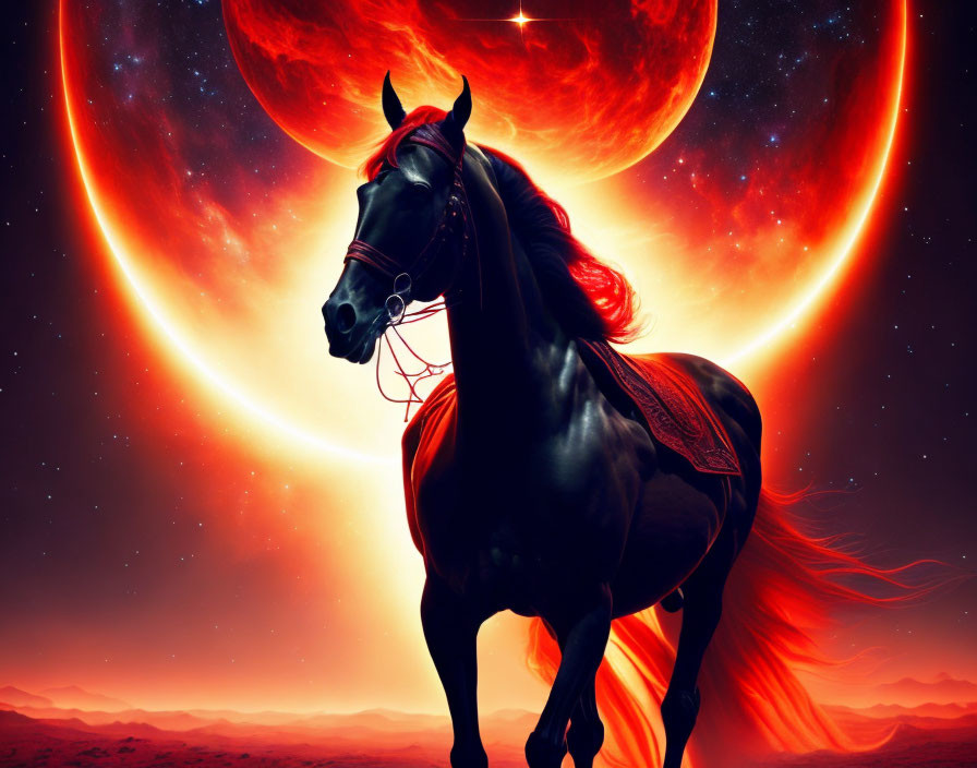 Black horse in surreal crimson sky with two red moons