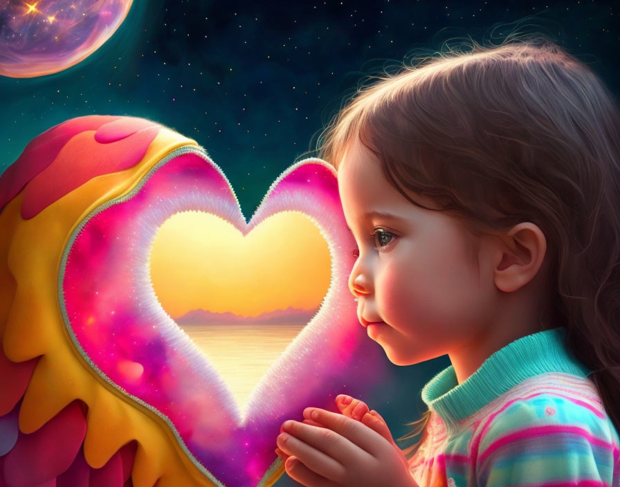 Young girl admires glowing heart shape in cosmic scene