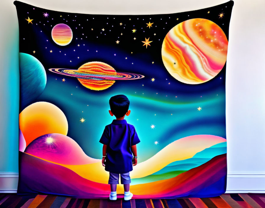 Child admires vibrant cosmic tapestry with planets and stars