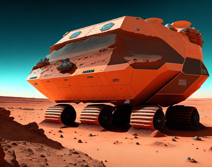 Futuristic orange vehicle with large treaded wheels on barren, rocky Mars-like landscape