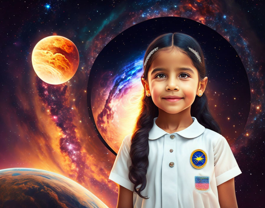 Young girl in vibrant space-themed background with planets and stars.