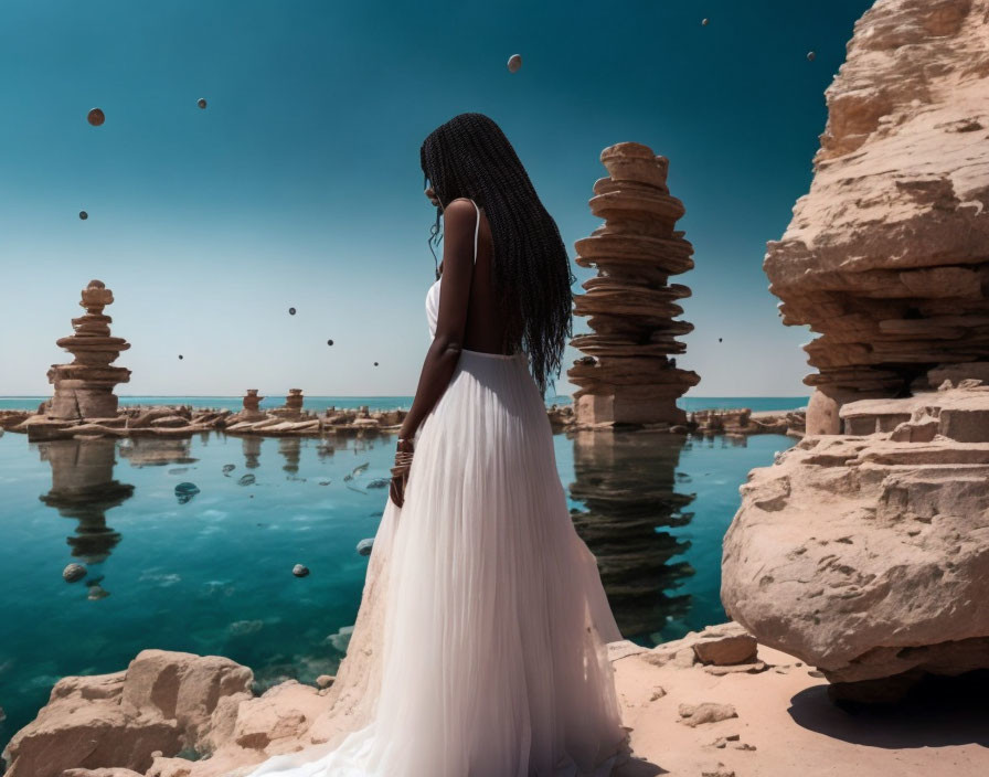 Woman in white dress by serene blue lake with unique rock formations