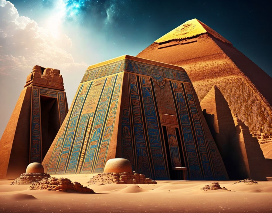 Detailed Hieroglyphics Adorn Pyramids Under Starry Sky