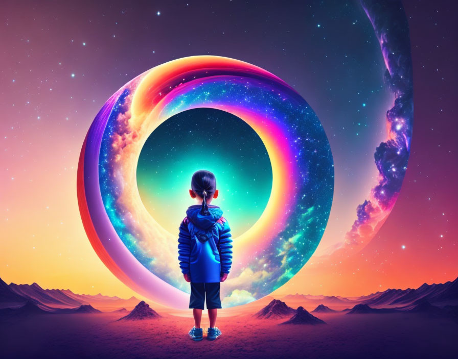 Child in Blue Jacket Stands by Colorful Loop Portal in Surreal Landscape