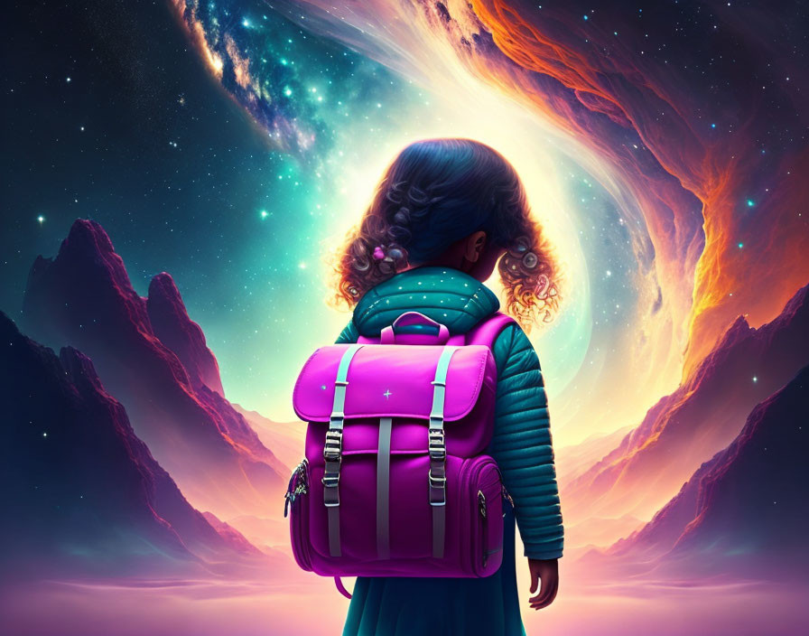 Young girl with purple backpack in cosmic landscape with galaxies and stars