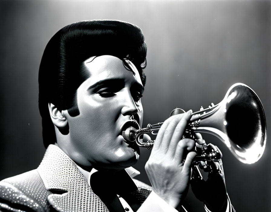 Monochrome image: man with pompadour playing trumpet in profile