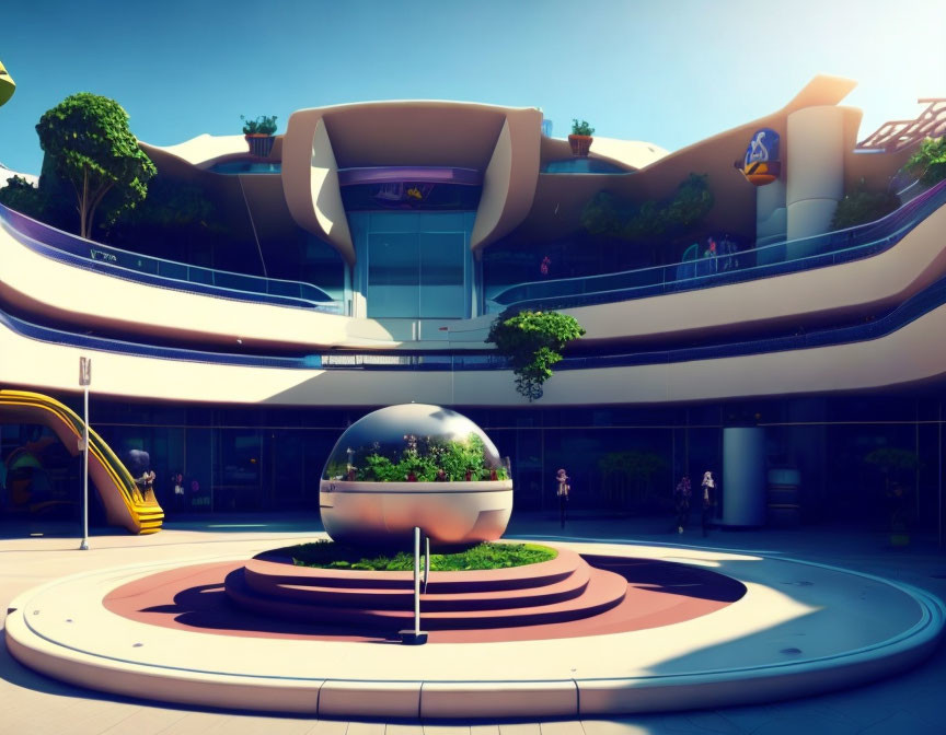 Futuristic building with sleek curves and spherical structure in sunlit plaza