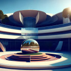 Futuristic building with sleek curves and spherical structure in sunlit plaza