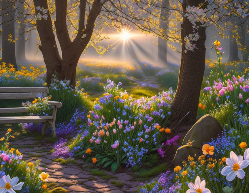 Vibrant garden with blooming flowers and bench in sunrise light