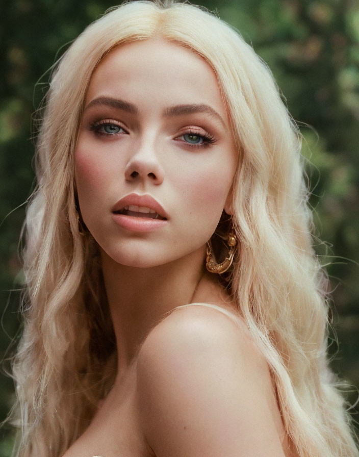 Blonde Woman Portrait with Blue Eyes and Gold Earrings