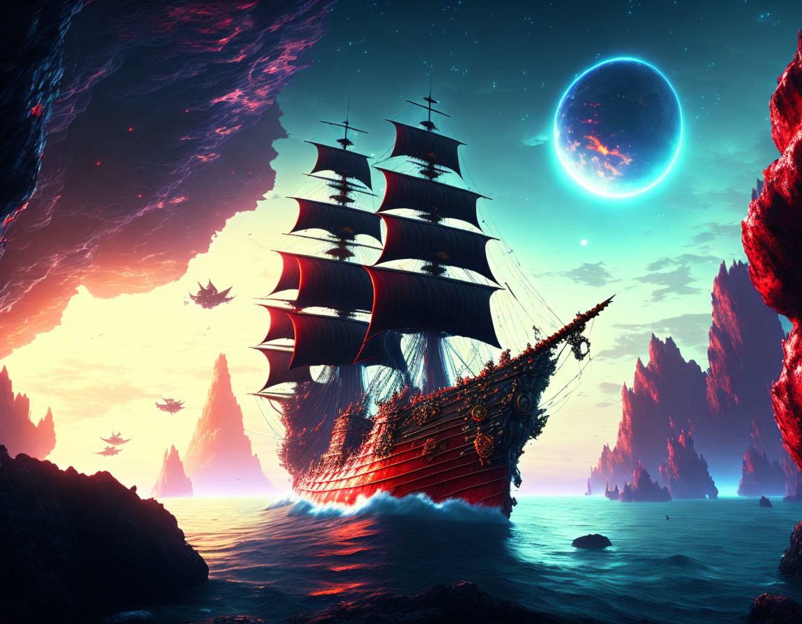 Surreal alien sea-scape with majestic sailing ship & glowing sky