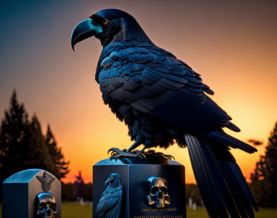 Majestic raven on tombstones with skull motifs at sunset