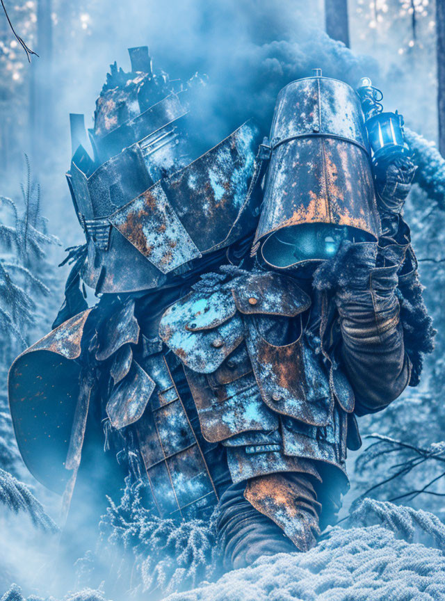 Medieval knight in weathered armor standing in misty snow-covered forest with blue tint.