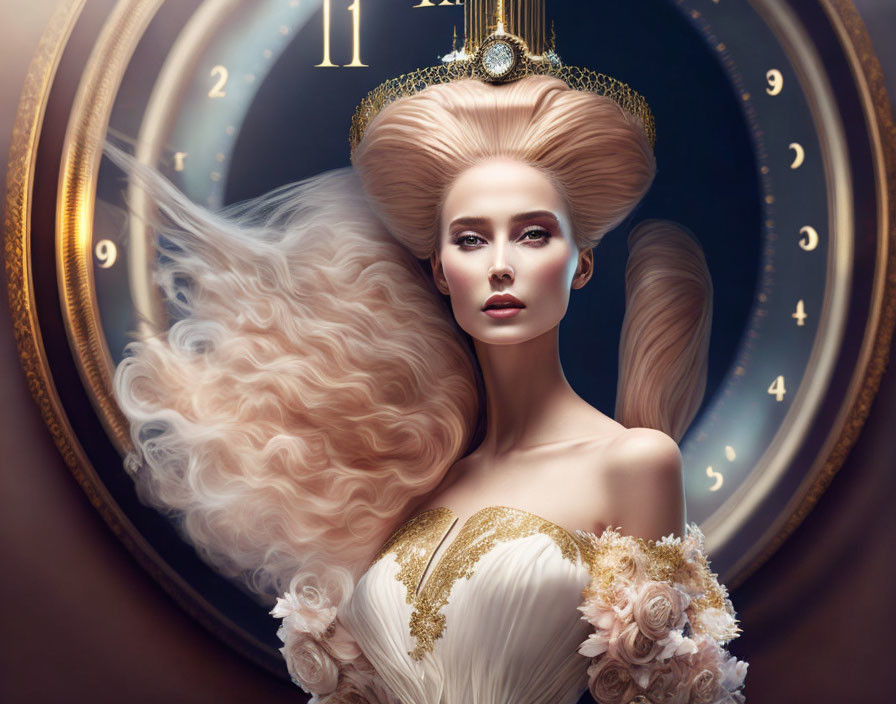 Fantasy portrait of woman with flowing hair against ornate clock face.