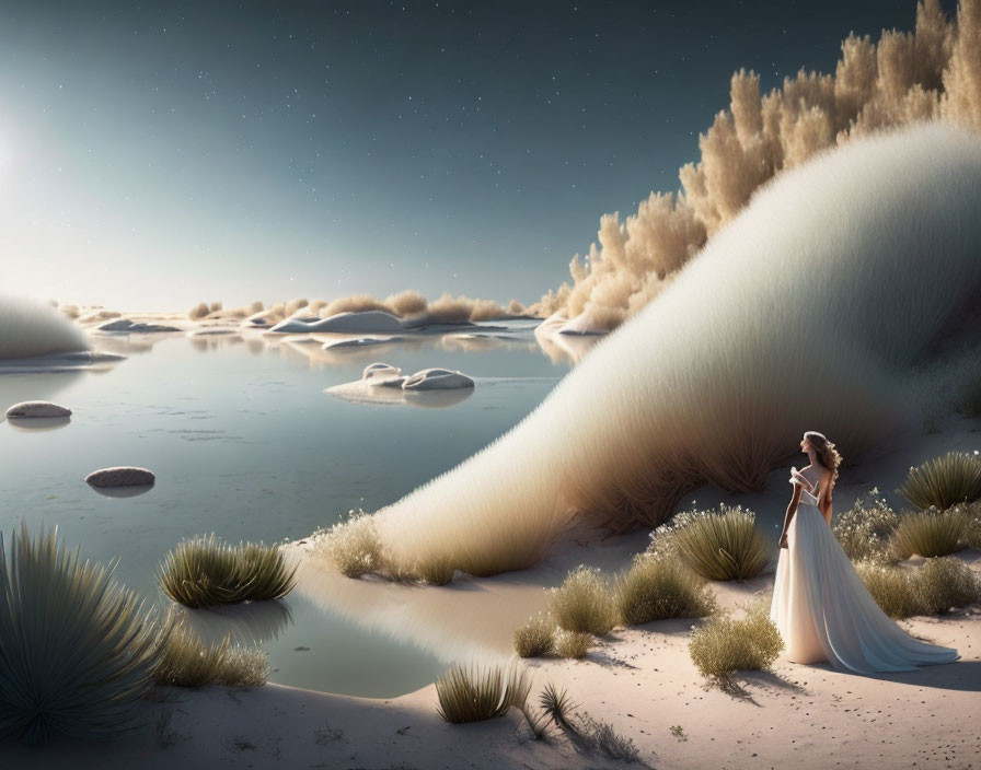 Woman in White Dress Among Surreal Dunes and Water Body