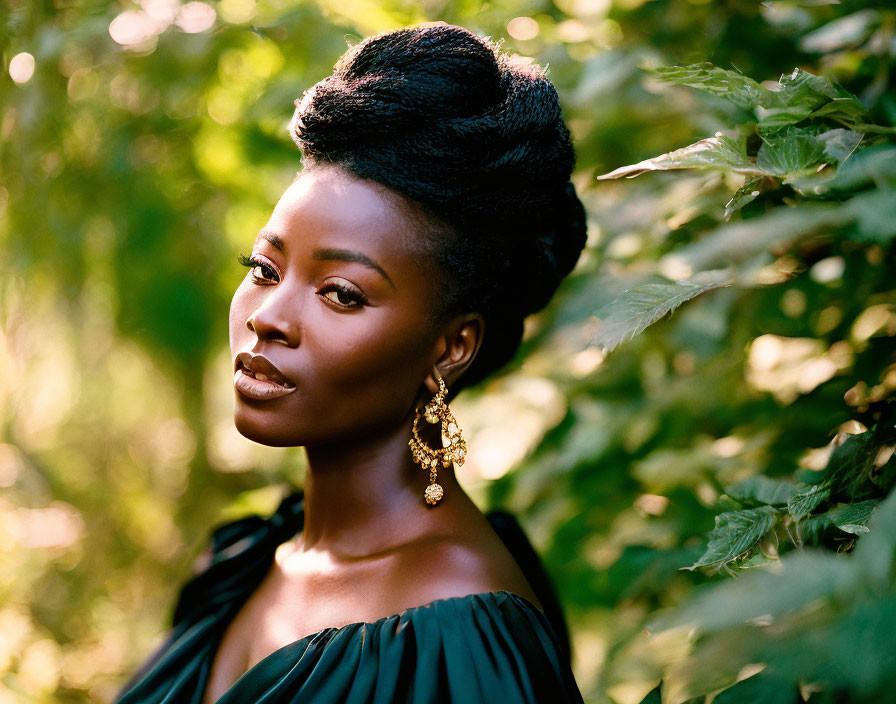 Elegant Woman with Intricate Updo and Gold Earrings in Lush Green Foliage