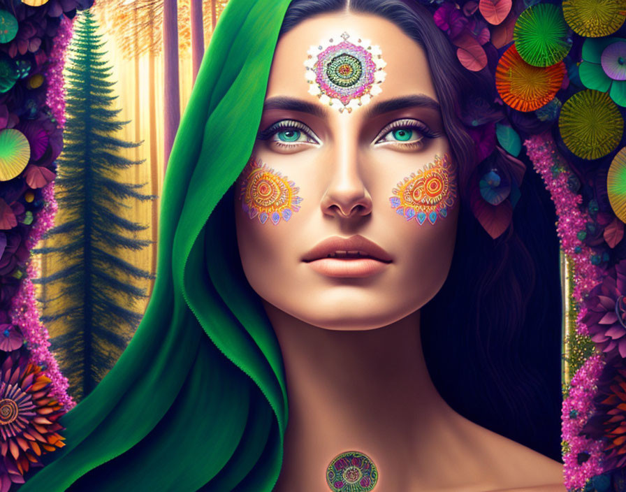 Colorful Mandala Patterns on Woman's Face Surrounded by Vivid Flora