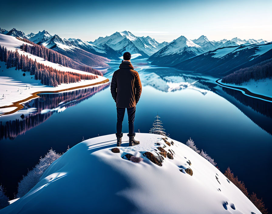 Snowy overlook with blue lake and distant mountains