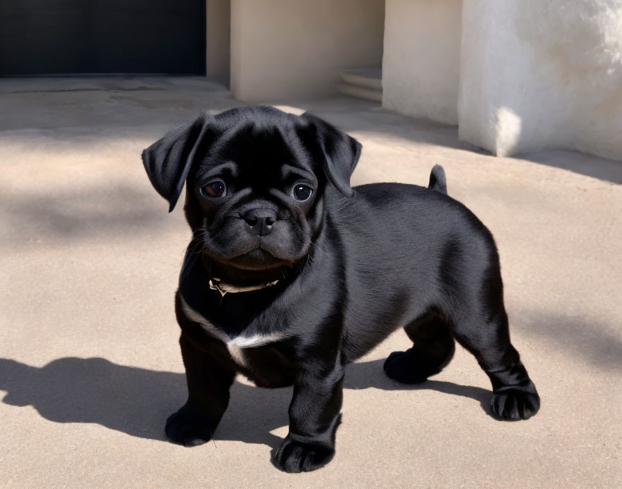 Shiny black puppy with gold collar on concrete surface