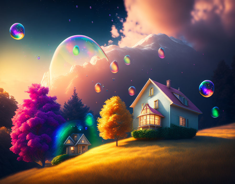 Colorful sunset landscape with house, vibrant trees, floating bubbles, starry sky