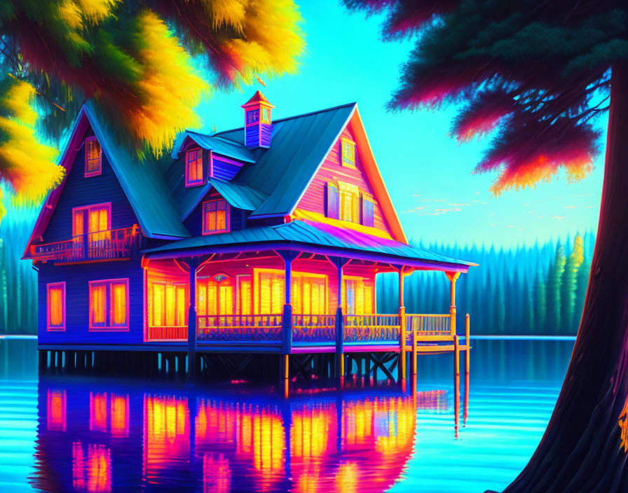 Colorful Two-Story House by Calm Lake at Twilight