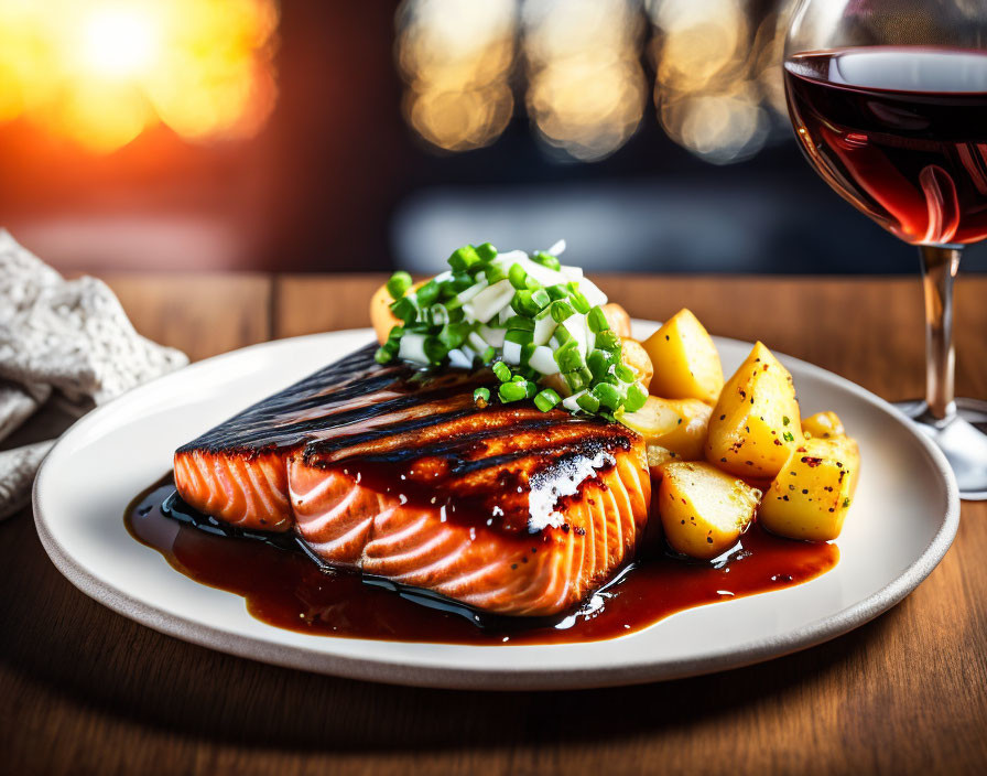 Grilled Salmon Fillet with Herbs, Glazed, Seasoned Potatoes, Red Wine,