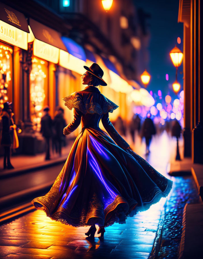 Person in vintage dress and hat walking city street at night amid glowing lights