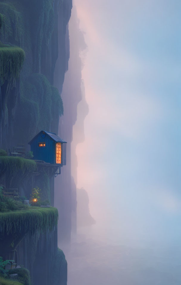 Wooden hut on misty cliff with glowing windows at twilight