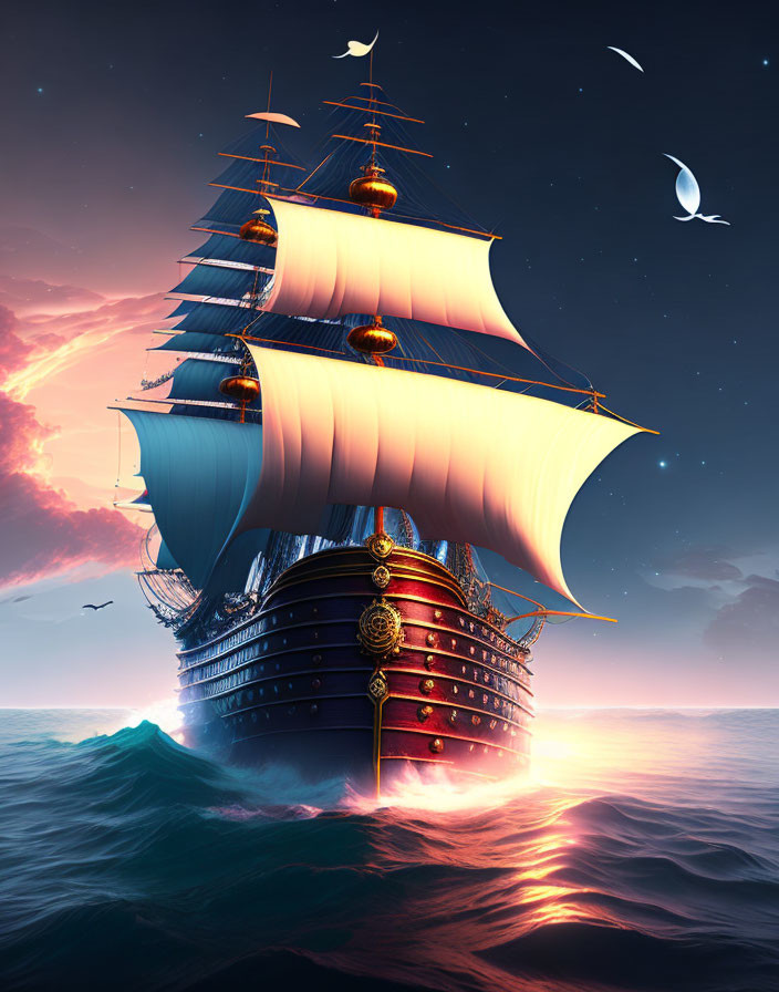 Majestic ship with illuminated sails sailing at sunset.