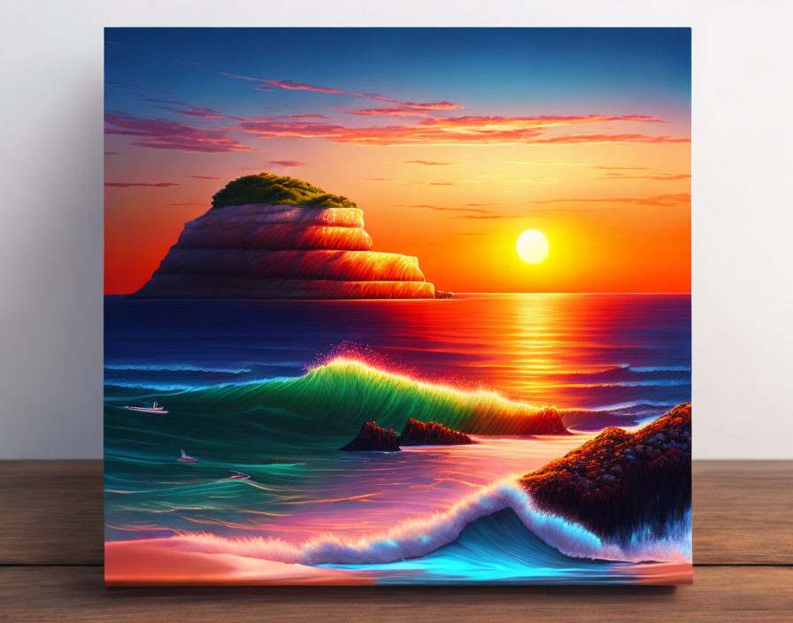 Sunset ocean waves canvas art print with cliff silhouette