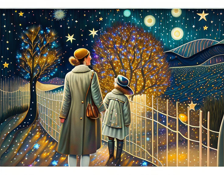 Stylized figures under vibrant starry sky with luminous tree