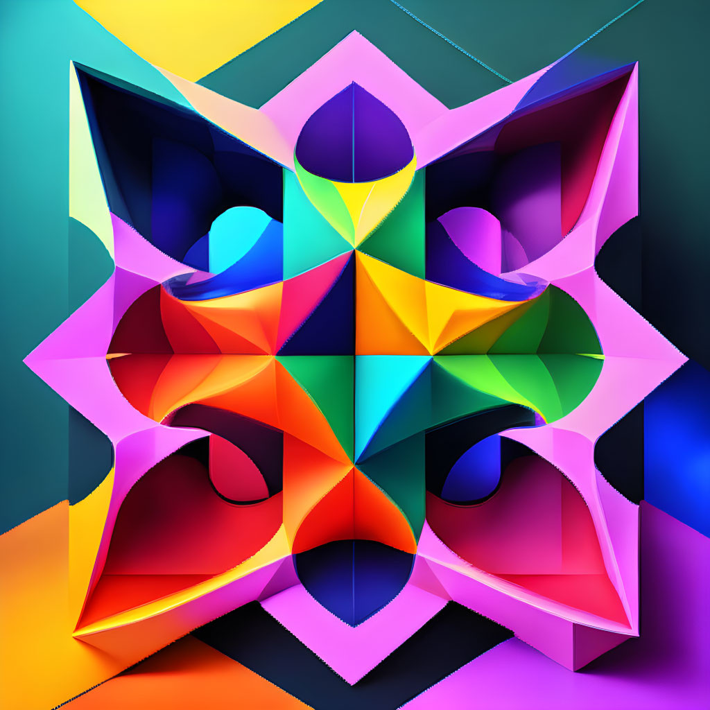 Colorful 3D geometric design with overlapping shapes on multicolored background