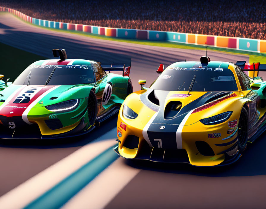 Dual vibrant racing cars on track with grandstand backdrop.