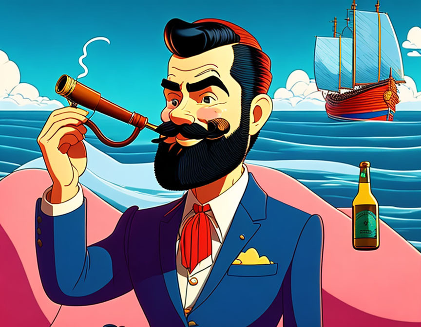 Illustration of a bearded man with telescope, ship, and bottle