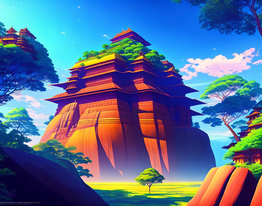 Fantastical landscape with towering pagoda on rock formation