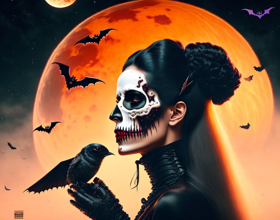 Half-skull face person holding bird in spooky moonlit scene with bats