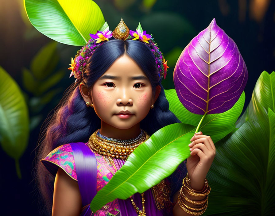 Young girl in traditional attire with golden jewelry holding purple leaf in green foliage