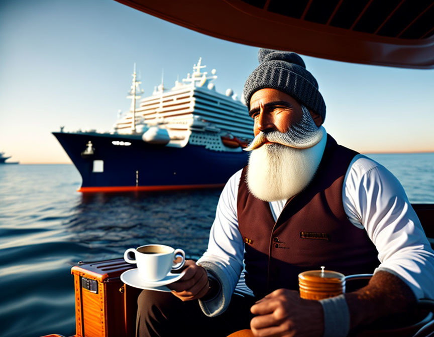 Bearded man in beanie and vest with coffee by the sea at sunset