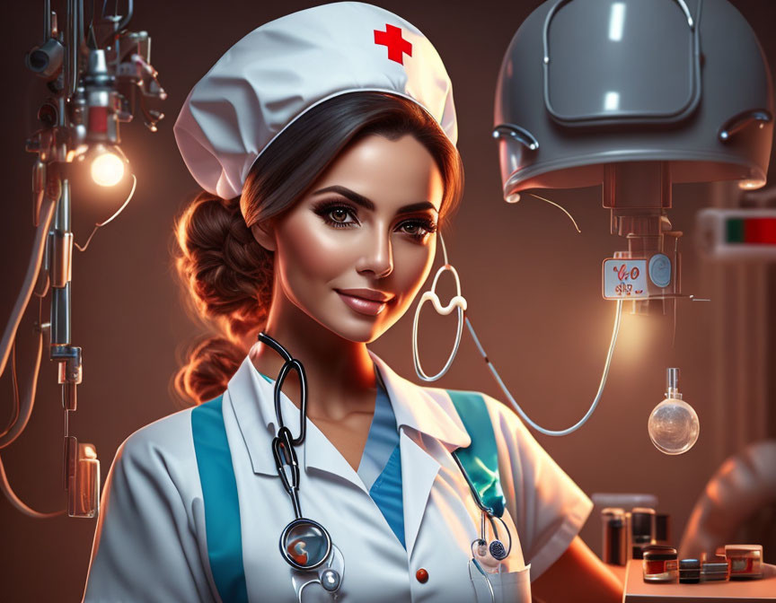 Digital artwork of nurse with braid, red cross cap, stethoscope, surrounded by medical equipment