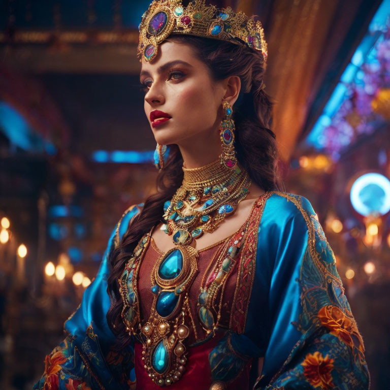 Woman in ornate blue and gold costume with crown and jewelry on warm background